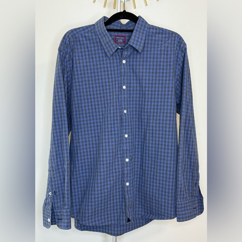 Men’s UnTuck-it Blue Gray checkered button down cotton shirt casual preppy XL